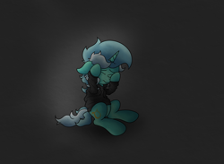Size: 5573x4079 | Tagged: safe, artist:background basset, imported from derpibooru, lyra heartstrings, pony, unicorn, clothes, depressed, dig the swell hoodie, eyes closed, gray background, holding head, hoodie, hoof on head, simple background, sitting, solo