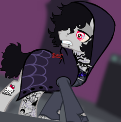 Size: 704x707 | Tagged: safe, artist:crossthecanine, imported from derpibooru, oc, oc only, oc:darkjester, pegasus, pony, spider, base used, choker, concert, contact lens, curly hair, glare, goth, gothic, hello kitty, performance, piercing, sanrio, sharp teeth, solo, spider web, spiderwebs, spiked, spiked choker, tattoo, teeth
