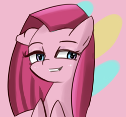 Size: 1136x1056 | Tagged: safe, artist:solid shrimp, imported from derpibooru, pinkie pie, earth pony, pony, female, floppy ears, lidded eyes, mare, pinkamena diane pie, smiling, solo, straight hair