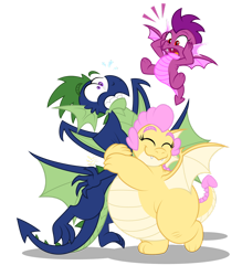 Size: 1280x1459 | Tagged: safe, artist:aleximusprime, imported from derpibooru, oc, oc:buttercream the dragon, oc:penny the dragon, oc:percy the dragon, dragon, flurry heart's story, bear hug, bulging eyes, chubby, cute, dragoness, eye bulging, eyes closed, fat, female, flying, hug, in pain, male, plump, shocked, siblings, simple background, super dragon warriors, transparent background