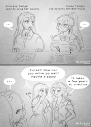 Size: 720x1002 | Tagged: safe, artist:lzjian79, imported from derpibooru, sci-twi, sunset shimmer, twilight sparkle, equestria girls, crying, mouth hold, sketch, speech bubble, traditional art