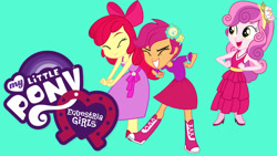 Size: 1280x720 | Tagged: safe, imported from derpibooru, apple bloom, scootaloo, sweetie belle, equestria girls, equestria girls (movie), equestria girls logo, female, green background, my little pony logo, netflix, official, simple background, trio