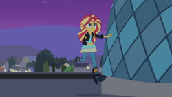 Size: 3410x1920 | Tagged: safe, imported from derpibooru, screencap, sunset shimmer, equestria girls, my past is not today, rainbow rocks, boots, canterlot high, clothes, female, high heel boots, high res, jacket, leather, leather jacket, running, shoes, solo