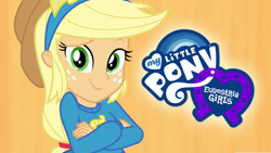 Size: 1280x720 | Tagged: safe, imported from derpibooru, applejack, equestria girls, equestria girls (movie), applejack's hat, cowboy hat, equestria girls logo, female, hat, my little pony logo, netflix, official, orange background, simple background, solo