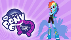 Size: 1280x720 | Tagged: safe, imported from derpibooru, rainbow dash, pegasus, pony, equestria girls, equestria girls (movie), equestria girls logo, female, human ponidox, my little pony logo, netflix, official, purple background, self ponidox, silhouette, simple background, solo, striped background