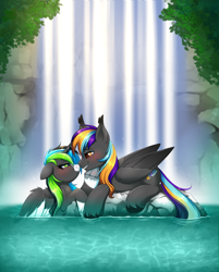 Size: 2160x2683 | Tagged: safe, artist:confetticakez, imported from derpibooru, oc, oc only, alicorn, pegasus, pony, duo, ear fluff, floppy ears, high res, rock, spread wings, unshorn fetlocks, water, waterfall, wings