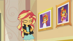 Size: 3410x1920 | Tagged: safe, imported from derpibooru, screencap, sunset shimmer, equestria girls, my past is not today, rainbow rocks, canterlot high, clothes, crossed arms, eyes closed, female, high res, jacket, leather, leather jacket, photo frame, solo