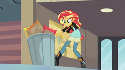 Size: 3410x1920 | Tagged: safe, imported from derpibooru, screencap, sunset shimmer, equestria girls, my past is not today, rainbow rocks, boots, canterlot high, clothes, female, high heel boots, high res, jacket, leather, leather jacket, photo frame, shoes, solo, trash can