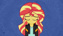 Size: 3410x1920 | Tagged: safe, imported from derpibooru, screencap, sunset shimmer, equestria girls, my past is not today, rainbow rocks, alone, blue background, clothes, eyes closed, female, high res, jacket, leather, leather jacket, sad, simple background, solo