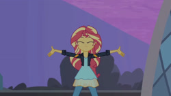 Size: 3410x1920 | Tagged: safe, imported from derpibooru, screencap, sunset shimmer, equestria girls, my past is not today, rainbow rocks, canterlot high, clothes, eyes closed, female, high res, jacket, leather, leather jacket, smiling, solo