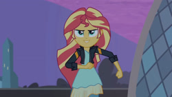 Size: 3410x1920 | Tagged: safe, imported from derpibooru, screencap, sunset shimmer, equestria girls, my past is not today, rainbow rocks, canterlot high, clothes, female, high res, jacket, leather, leather jacket, smiling, solo