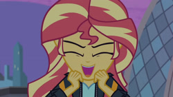 Size: 3410x1920 | Tagged: safe, imported from derpibooru, screencap, sunset shimmer, equestria girls, my past is not today, rainbow rocks, clothes, eyes closed, female, high res, jacket, leather, leather jacket, open mouth, solo