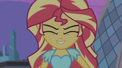 Size: 3410x1920 | Tagged: safe, imported from derpibooru, screencap, sunset shimmer, equestria girls, my past is not today, rainbow rocks, canterlot high, eyes closed, female, high res, smiling, solo