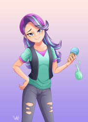 Size: 1810x2505 | Tagged: safe, artist:fadlihalimns, imported from derpibooru, starlight glimmer, equestria girls, mirror magic, spoiler:eqg specials, clothes, dropping, food, gradient background, human coloration, ice cream, ice cream cone, lip bite, looking at you, ripped pants, solo, torn pants