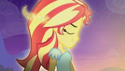 Size: 3410x1920 | Tagged: safe, imported from derpibooru, screencap, sunset shimmer, equestria girls, my past is not today, rainbow rocks, eyes closed, female, high res, smiling, solo