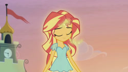 Size: 3410x1920 | Tagged: safe, imported from derpibooru, screencap, sunset shimmer, equestria girls, my past is not today, rainbow rocks, canterlot high, eyes closed, female, high res, smiling, solo, sunshine shimmer