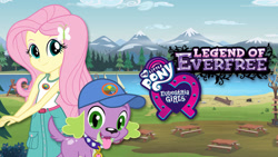 Size: 1280x720 | Tagged: safe, imported from derpibooru, fluttershy, spike, spike the regular dog, dog, equestria girls, legend of everfree, baseball cap, camp everfree, cap, cloud, duo, equestria girls logo, female, forest, hat, male, my little pony logo, netflix, official, picnic table, table