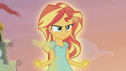 Size: 3410x1920 | Tagged: safe, imported from derpibooru, screencap, sunset shimmer, equestria girls, my past is not today, rainbow rocks, canterlot high, female, high res, smiling, solo, sunshine shimmer