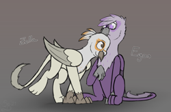Size: 3054x2000 | Tagged: safe, artist:somber, imported from derpibooru, oc, oc only, griffon, fallout equestria, duo, fallout equestria: longtalons, female, glasses, griffon oc, high res, male, nuzzling