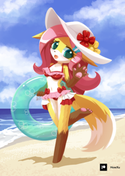 Size: 1000x1407 | Tagged: safe, artist:howxu, imported from derpibooru, fluttershy, anthro, fox, adorasexy, beach, belly button, bikini, clothes, cute, daaaaaaaaaaaw, female, flutter-fox, foxified, furry, hat, inner tube, midriff, ocean, open mouth, sexy, shyabetes, solo, species swap, sun hat, swimsuit