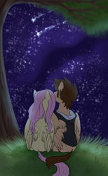 Size: 2000x3250 | Tagged: safe, artist:not-ordinary-pony, imported from derpibooru, fluttershy, fanfic:kingdom hearts of harmony, commission, crossover, crossover shipping, disney, fanfic art, female, high res, kingdom hearts, kingdom hearts of harmony, male, night, shipping, sora, sorashy, stars, straight, tree