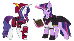 Size: 3380x1856 | Tagged: safe, artist:not-ordinary-pony, imported from derpibooru, rarity, twilight sparkle, pony, fanfic:kingdom hearts of harmony, book, clothes, crossover, disney, fanfic art, kingdom hearts, kingdom hearts of harmony, simple background, transparent background