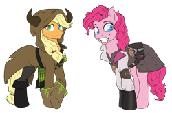 Size: 2952x1944 | Tagged: safe, artist:not-ordinary-pony, imported from derpibooru, applejack, pinkie pie, fanfic:kingdom hearts of harmony, clothes, commission, crossover, disney, fanfic art, kingdom hearts, kingdom hearts of harmony, simple background