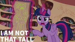 Size: 1280x720 | Tagged: safe, edit, edited screencap, editor:quoterific, imported from derpibooru, screencap, twilight sparkle, alicorn, pony, season 4, testing testing 1-2-3, book, female, golden oaks library, magic, mare, open mouth, solo, telekinesis, twilight sparkle (alicorn)