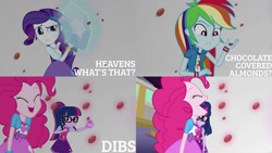 Size: 1280x720 | Tagged: safe, edit, edited screencap, editor:quoterific, imported from derpibooru, screencap, pinkie pie, rainbow dash, rarity, sci-twi, twilight sparkle, equestria girls, mirror magic, spoiler:eqg specials, clothes, cutie mark, cutie mark on clothes, eyes closed, female, geode of shielding, geode of sugar bombs, geode of super speed, geode of telekinesis, glasses, hairpin, jewelry, magical geodes, necklace, open mouth, pac-man, ponytail