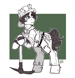 Size: 1930x2002 | Tagged: safe, artist:karamboll, imported from derpibooru, earth pony, pony, black and white, crossover, grayscale, identity v, limited palette, monochrome, norton campbell, pickaxe, scar, sketch, solo, standing