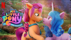 Size: 574x325 | Tagged: safe, edit, editor:pipetals, imported from derpibooru, izzy moonbow, sunny starscout, earth pony, pony, unicorn, duo, female, floppy ears, g5, izzyscout, lesbian, looking at each other, mare, meme, my little pony: a new generation, my little pony: a new generation logo, netflix, netflix logo, out of context, shipping