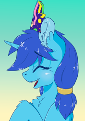 Size: 3508x4961 | Tagged: safe, artist:wbp, imported from derpibooru, oc, oc only, oc:single drop, pony, unicorn, chest fluff, eyes closed, gift art, happy, hat, simple background, smiling, solo