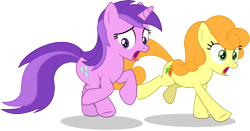 Size: 7983x4174 | Tagged: safe, artist:thatusualguy06, imported from derpibooru, amethyst star, carrot top, golden harvest, sparkler, earth pony, pony, unicorn, season 9, the big mac question, .ai available, absurd resolution, alternate versions at source, background pony, duo, duo female, female, looking back, mare, open mouth, running, simple background, transparent background, vector