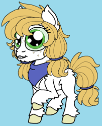 Size: 576x708 | Tagged: safe, artist:rosefang16, imported from derpibooru, oc, oc only, oc:snow white apple, earth pony, pony, blue background, female, filly, fluffy, freckles, magical gay spawn, neckerchief, offspring, parent:big macintosh, parent:prince blueblood, parents:bluemac, raised hoof, simple background, solo, unshorn fetlocks