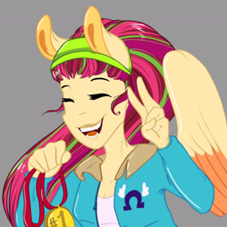 Size: 2048x2048 | Tagged: safe, artist:artfestation, imported from derpibooru, oc, oc:fruit spiral shoot, anthro, pegasus, bust, clothes, cutie mark, cutie mark on clothes, eyes closed, female, gray background, high res, magical lesbian spawn, medal, offspring, parent:spitfire, parent:vapor trail, peace sign, pegasus oc, simple background, smiling, story included, wings