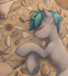 Size: 3335x3762 | Tagged: safe, artist:aquoquoo, imported from derpibooru, stygian, pony, unicorn, cute, drool, eyes closed, frog (hoof), high res, lying down, male, missing accessory, on side, open mouth, seashell, sleeping, solo, stallion, stygianbetes, underhoof