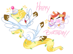 Size: 1417x1043 | Tagged: safe, artist:khimi-chan, imported from derpibooru, oc, oc only, oc:cobalt tangle, pegasus, pony, duo, eyes closed, happy birthday, hat, party hat, party horn, pegasus oc, simple background, smiling, underhoof, white background, wings