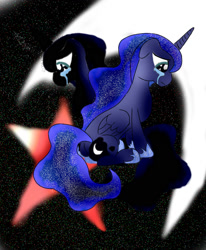 Size: 1400x1700 | Tagged: safe, artist:foxgearstudios, imported from derpibooru, princess luna, alicorn, pony, abstract background, clothes, crying, duo, fanfic, fanfic art, fanfic cover, female, hoof shoes, mare, palindrome get, sad