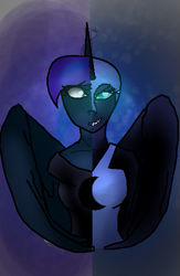 Size: 343x526 | Tagged: safe, artist:aonairfaol, imported from derpibooru, nightmare moon, princess luna, alicorn, anthro, abstract background, bust, duality, horn, split screen, wings