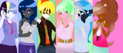 Size: 1662x718 | Tagged: safe, artist:aonairfaol, imported from derpibooru, oc, oc only, oc:airlie, oc:cameo jinx, oc:diamond runner, oc:horizon guard, oc:hot cocoa, oc:pastel boom, hybrid, equestria girls, base used, clothes, equestria girls-ified, female, interspecies offspring, offspring, parent:applejack, parent:big macintosh, parent:cheese sandwich, parent:flash sentry, parent:fluttershy, parent:pinkie pie, parent:rainbow dash, parent:rarity, parent:soarin', parent:twilight sparkle, parent:unnamed oc, parents:canon x oc, parents:cheesepie, parents:flashlight, parents:fluttermac, parents:soarindash, smiling