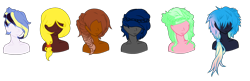 Size: 2532x824 | Tagged: safe, artist:aonairfaol, imported from derpibooru, oc, oc only, oc:airlie, oc:cameo jinx, oc:diamond runner, oc:horizon guard, oc:hot cocoa, oc:pastel boom, hybrid, equestria girls, base used, bust, clothes, equestria girls-ified, female, hair over eyes, interspecies offspring, offspring, parent:applejack, parent:big macintosh, parent:cheese sandwich, parent:flash sentry, parent:fluttershy, parent:pinkie pie, parent:rainbow dash, parent:rarity, parent:soarin', parent:twilight sparkle, parent:unnamed oc, parents:canon x oc, parents:cheesepie, parents:flashlight, parents:fluttermac, parents:soarindash, simple background, transparent background