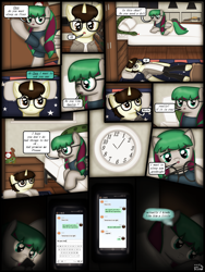 Size: 1750x2333 | Tagged: safe, artist:99999999000, imported from derpibooru, oc, oc only, oc:cwe, oc:li anna, pegasus, pony, comic:visit, bed, cellphone, clothes, comic, female, glasses, male, phone, smartphone