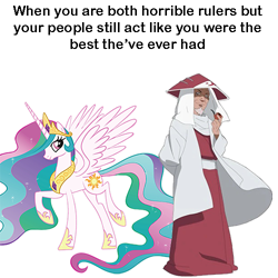 Size: 500x500 | Tagged: safe, imported from derpibooru, princess celestia, alicorn, human, pony, background pony strikes again, drama, meme, naruto, op is a duck, op is on drugs, op is trying to start shit, pipe, ron the death eater, sarutobi hiruzen