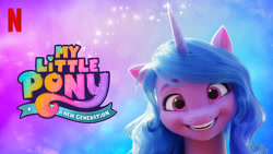 Size: 665x374 | Tagged: safe, imported from derpibooru, izzy moonbow, pony, unicorn, abstract background, female, g5, mare, my little pony: a new generation, my little pony: a new generation logo, netflix, netflix logo, official, solo