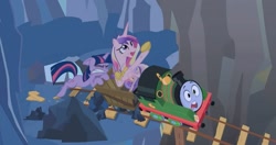 Size: 1079x568 | Tagged: safe, edit, edited screencap, imported from derpibooru, screencap, princess cadance, twilight sparkle, alicorn, unicorn, a canterlot wedding, all engines go, crossover, minecart, percy the small engine, thomas and friends, thomas the tank engine, unicorn twilight