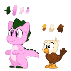 Size: 1600x1600 | Tagged: safe, artist:tarkan809, imported from derpibooru, spike (g1), bird, dragon, eagle, baby eagle, duo, duo male, g1, g1 to g4, g4, generation leap, male, reference sheet, simple background, style emulation, transparent background, vector, weston