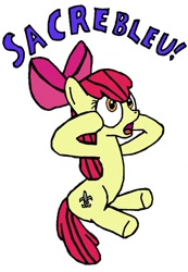 Size: 426x614 | Tagged: safe, artist:closer-to-the-sun, imported from derpibooru, apple bloom, earth pony, pony, the cutie pox, alternate cutie mark, female, filly, french, open mouth, reaction image, sacrebloom, shocked, simple background, sitting, solo, surprised, white background, worried