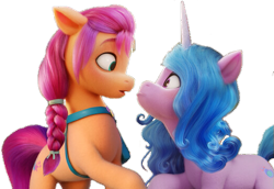 Size: 519x358 | Tagged: safe, edit, edited screencap, editor:itsmgh1203, imported from derpibooru, screencap, izzy moonbow, sunny starscout, earth pony, pony, unicorn, 3d, background removed, duo, eye contact, female, g5, izzyscout, lesbian, looking at each other, mare, my little pony: a new generation, open mouth, out of context, shipping, simple background, surprised, transparent background, vector