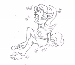 Size: 2237x1927 | Tagged: safe, artist:dertikleen, imported from derpibooru, starlight glimmer, anthro, plantigrade anthro, barefoot, clothes, cute, feet, fetish, foot fetish, foot tapping, glimmerbetes, grass, monochrome, music, music notes, sitting, skirt, smiling, solo, tapping, traditional art