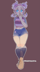 Size: 959x1721 | Tagged: safe, artist:iamsomesome, imported from derpibooru, fluttershy, human, alternate hairstyle, belly button, boots, brown background, clothes, female, humanized, midriff, shirt, shoes, shorts, simple background, socks, solo